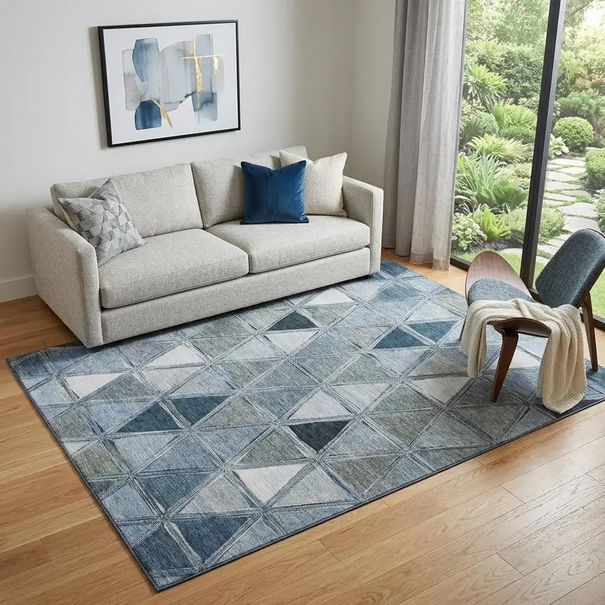 Blue Gray And Ivory Geometric Washable Area Rug With UV Protection Photo 1
