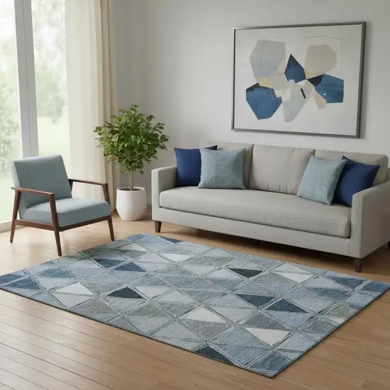Blue Gray And Ivory Geometric Washable Area Rug With UV Protection Photo 1