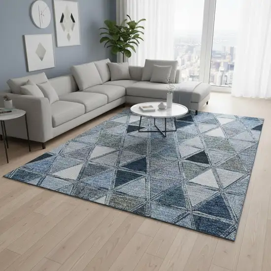 Blue Gray And Ivory Geometric Washable Area Rug With UV Protection Photo 1