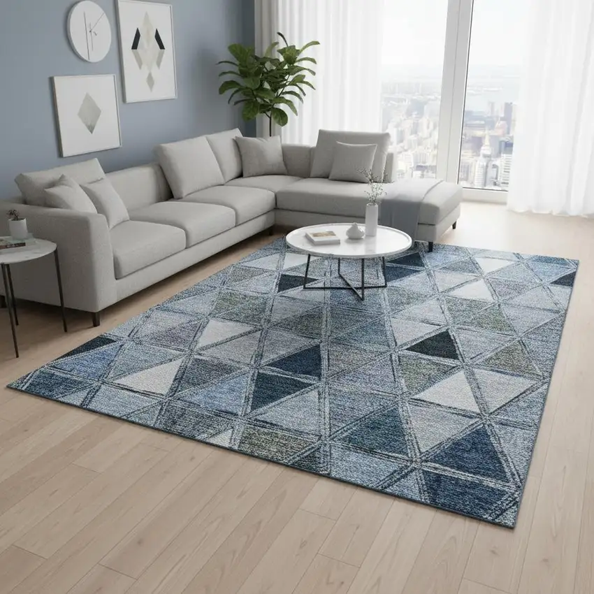 Blue Gray And Ivory Geometric Washable Area Rug With UV Protection Photo 1