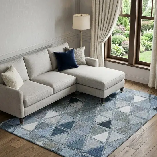 Blue Gray And Ivory Geometric Washable Area Rug With UV Protection Photo 1