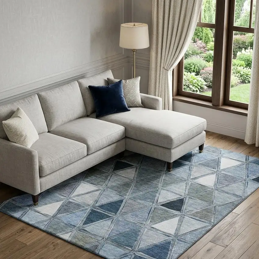 Blue Gray And Ivory Geometric Washable Area Rug With UV Protection Photo 1