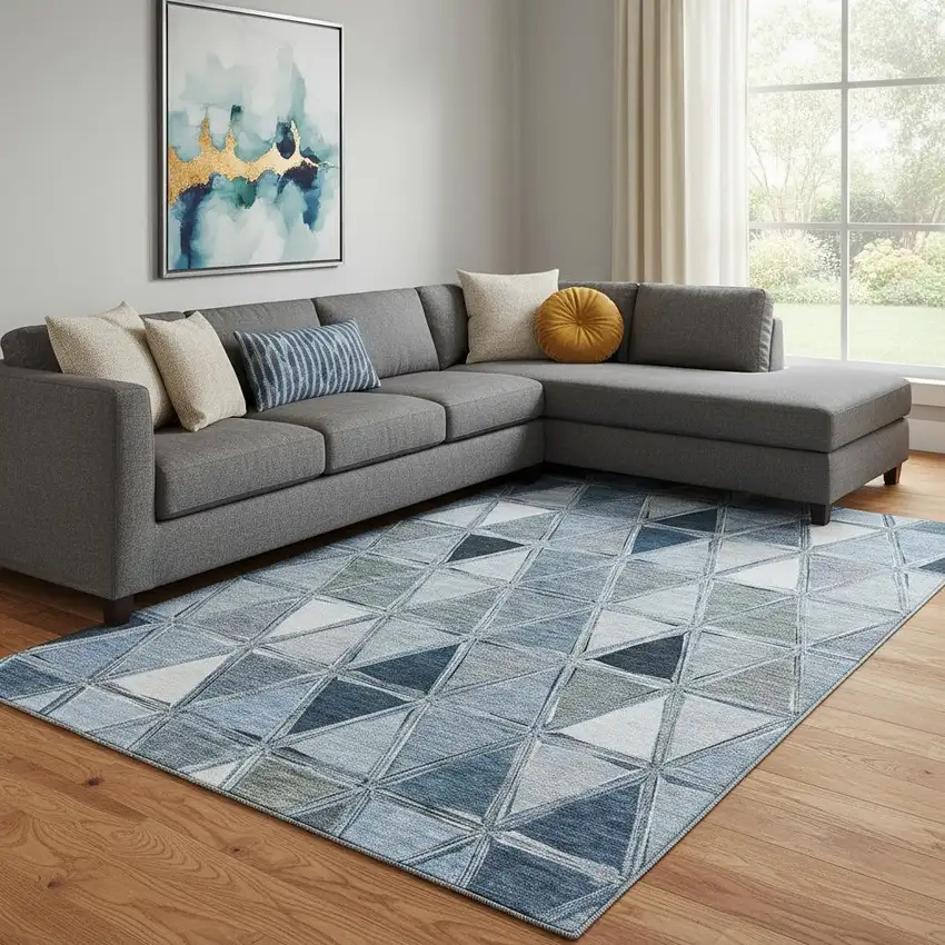 Blue Gray And Ivory Geometric Washable Area Rug With UV Protection Photo 1