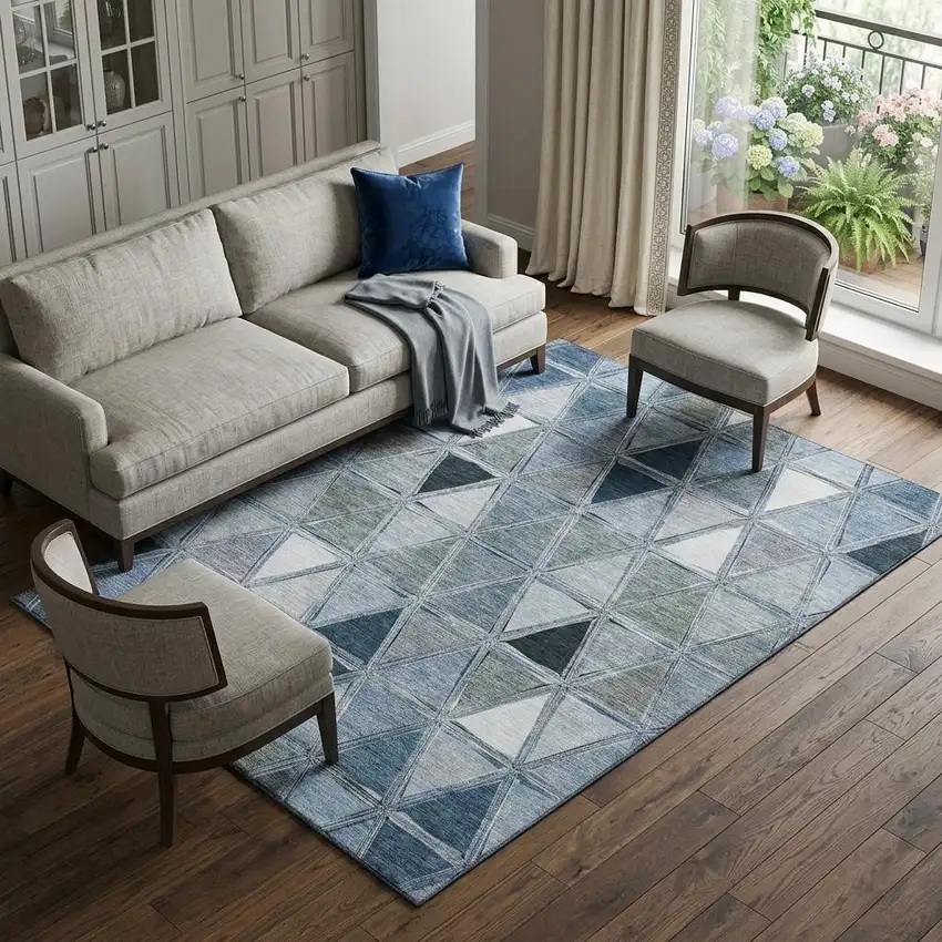 Blue Gray And Ivory Geometric Washable Area Rug With UV Protection Photo 1