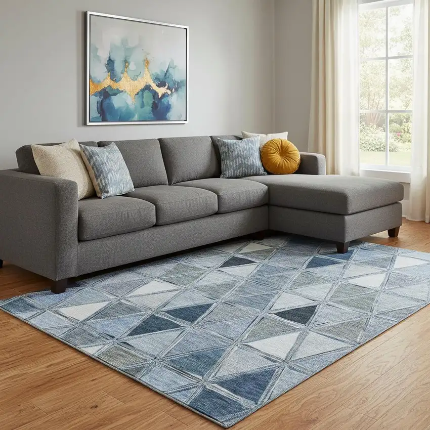 Blue Gray And Ivory Geometric Washable Area Rug With UV Protection Photo 1