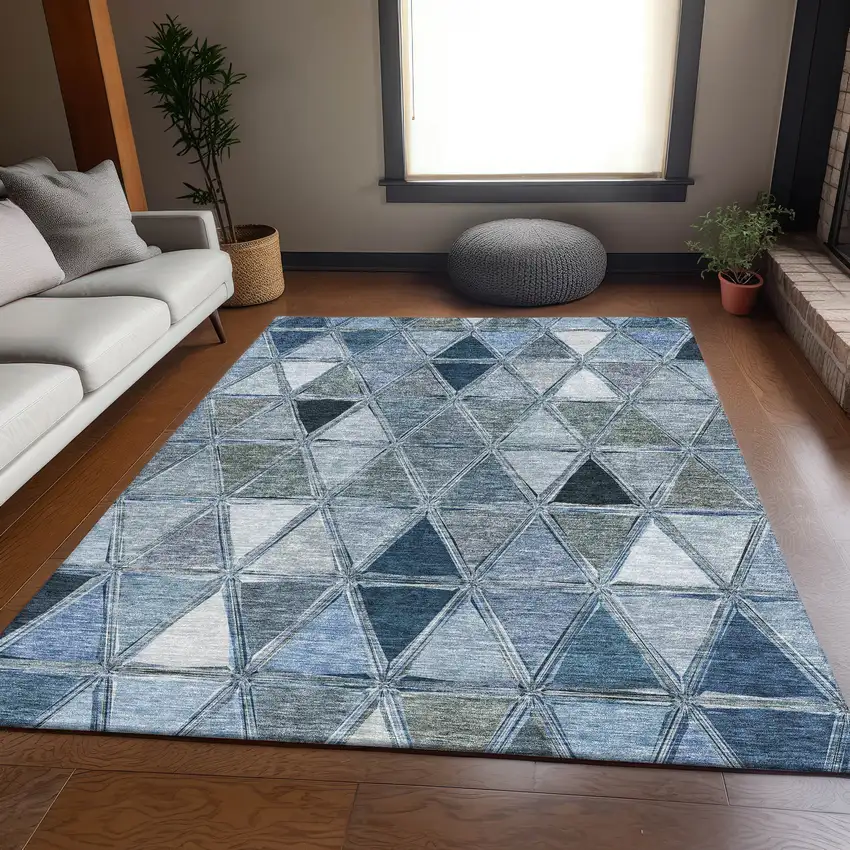 Blue Gray And Ivory Geometric Washable Area Rug With UV Protection Photo 6