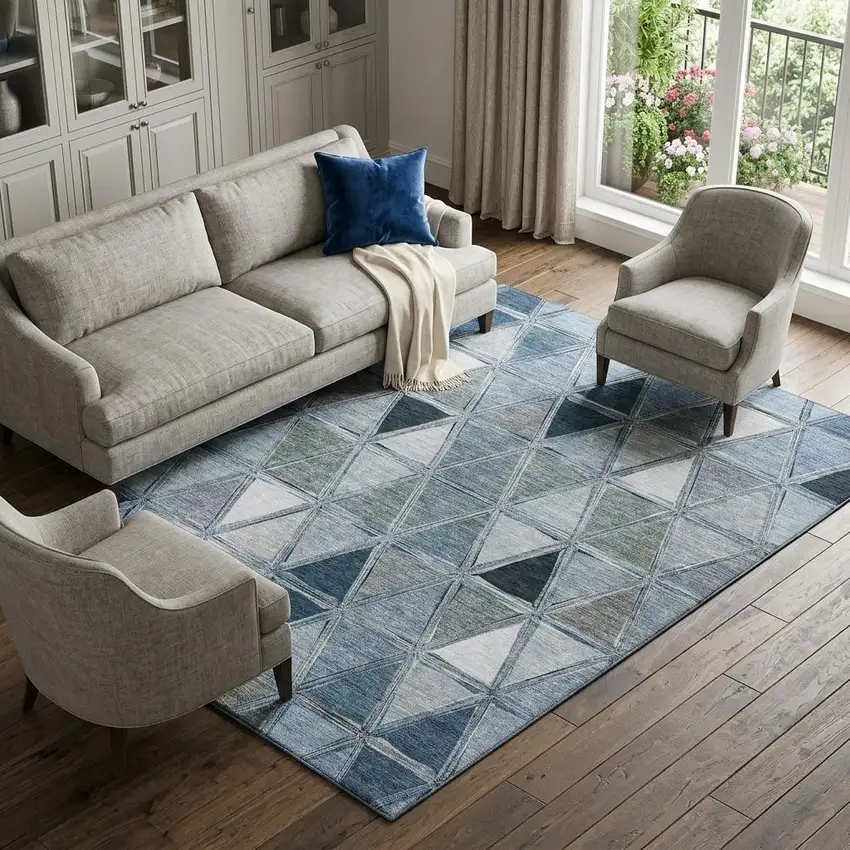Blue Gray And Ivory Geometric Washable Area Rug With UV Protection Photo 1