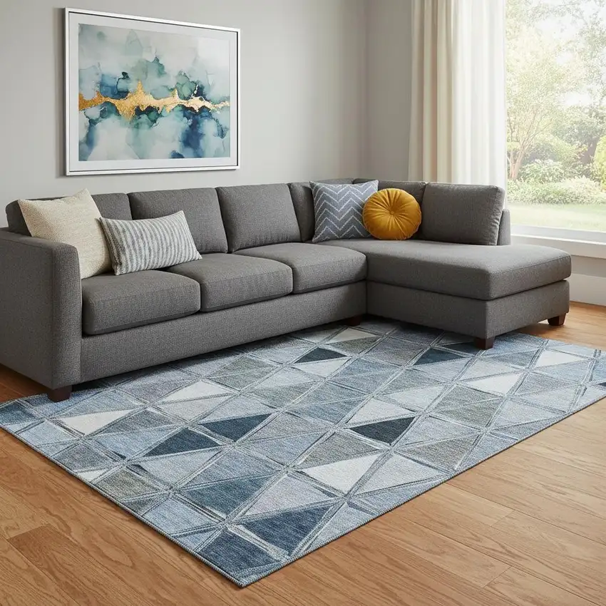 Blue Gray And Ivory Geometric Washable Area Rug With UV Protection Photo 1