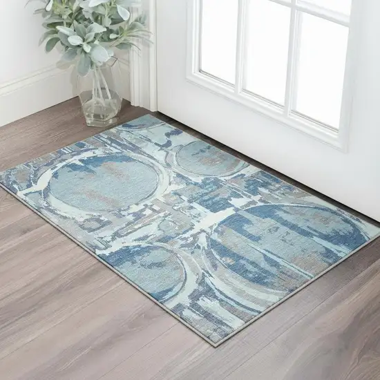 Blue Gray And Ivory Geometric Washable Area Rug With UV Protection Photo 2