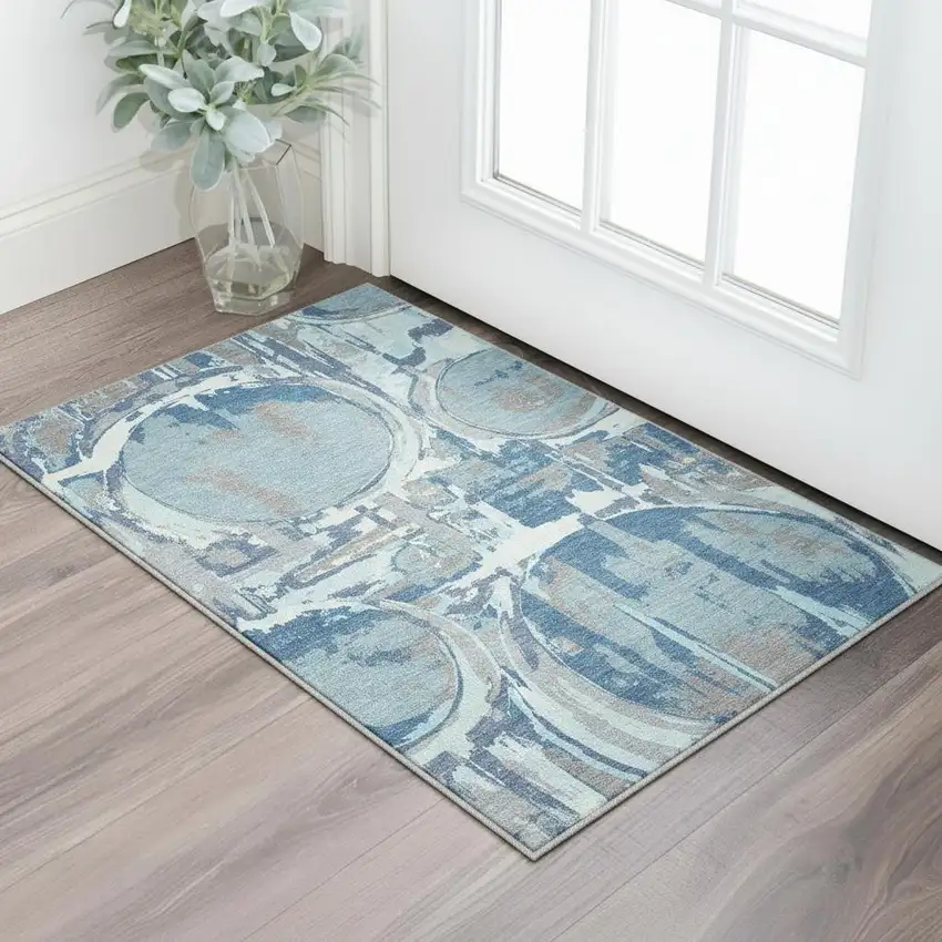 Blue Gray And Ivory Geometric Washable Area Rug With UV Protection Photo 2