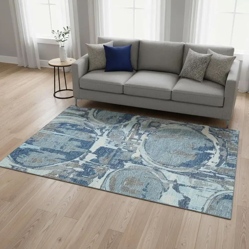 Blue Gray And Ivory Geometric Washable Area Rug With UV Protection Photo 2
