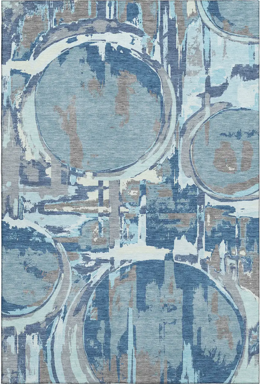 Blue Gray And Ivory Geometric Washable Area Rug With UV Protection Photo 1
