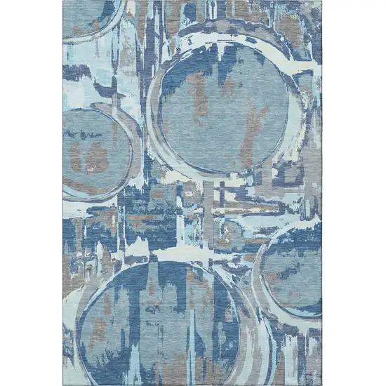 Blue Gray And Ivory Geometric Washable Area Rug With UV Protection Photo 4