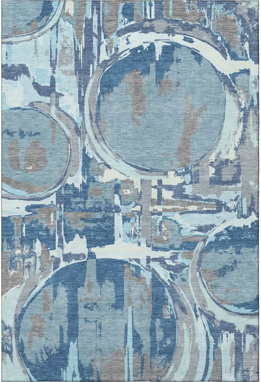 Blue Gray And Ivory Geometric Washable Area Rug With UV Protection Photo 4