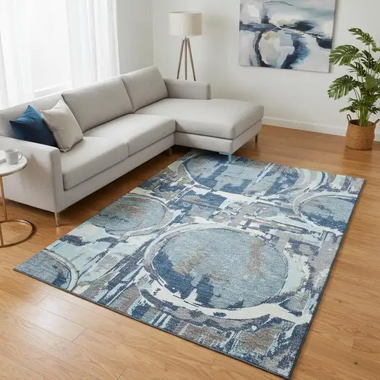 Blue Gray And Ivory Geometric Washable Area Rug With UV Protection Photo 2