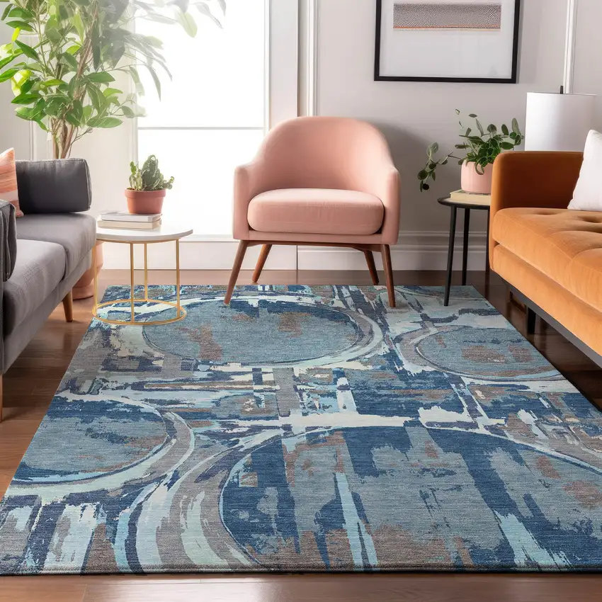 Blue Gray And Ivory Geometric Washable Area Rug With UV Protection Photo 5