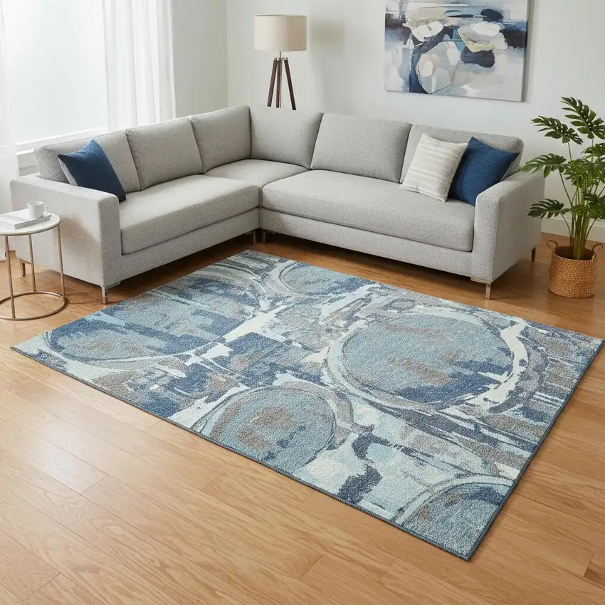 Blue Gray And Ivory Geometric Washable Area Rug With UV Protection Photo 2