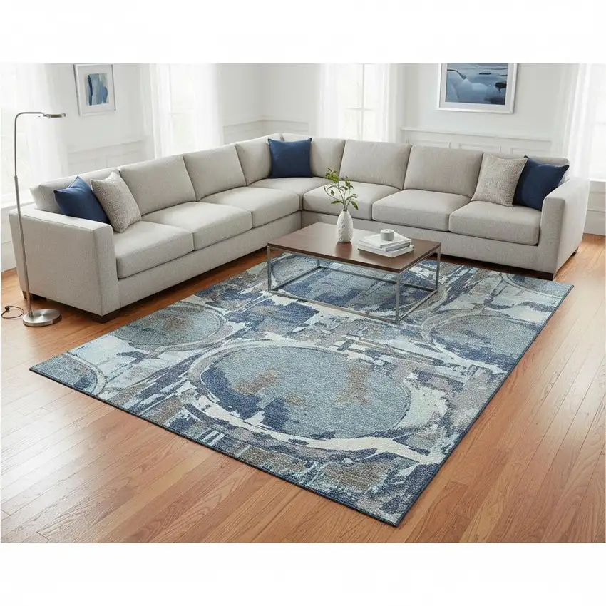 Blue Gray And Ivory Geometric Washable Area Rug With UV Protection Photo 2