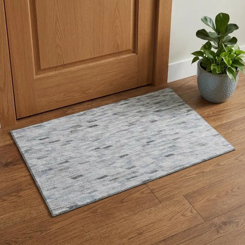 Blue Gray And Ivory Geometric Washable Area Rug With UV Protection Photo 1