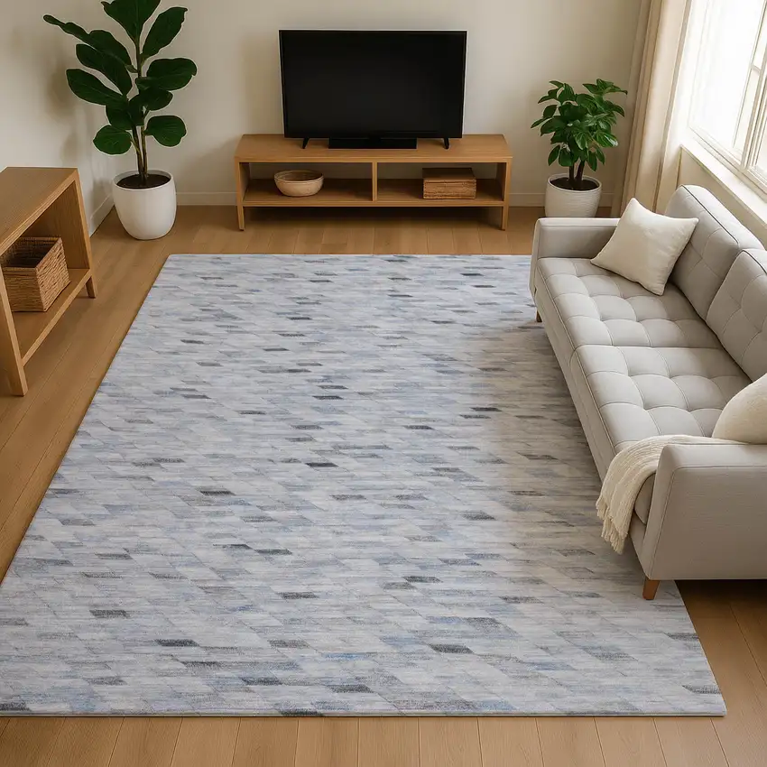 Blue Gray And Ivory Geometric Washable Area Rug With UV Protection Photo 4