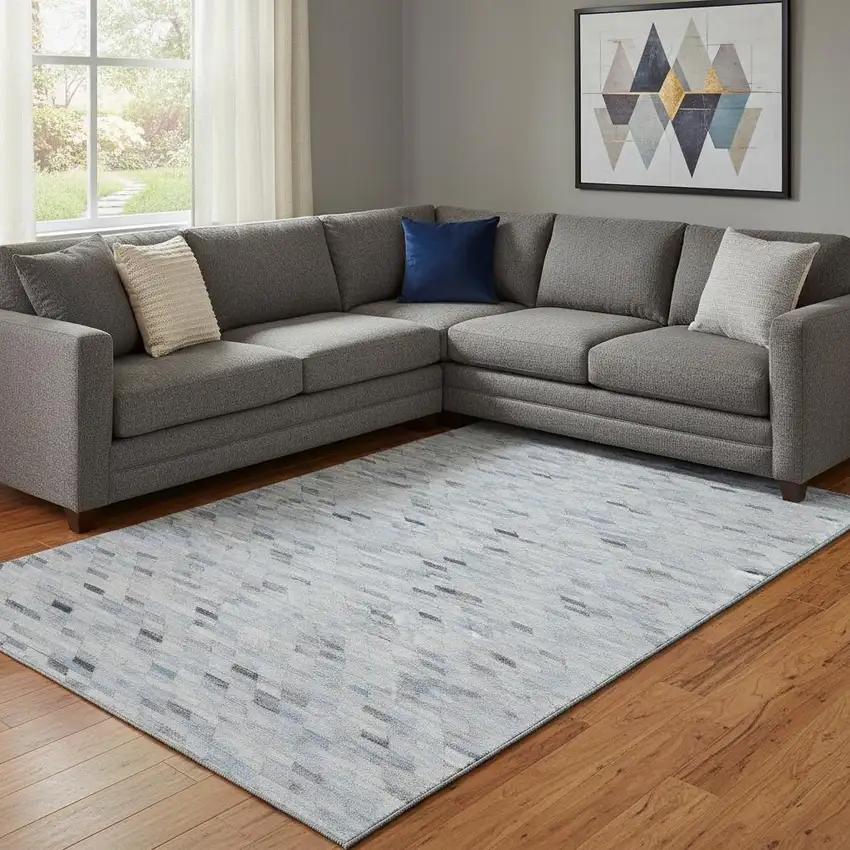 Blue Gray And Ivory Geometric Washable Area Rug With UV Protection Photo 2