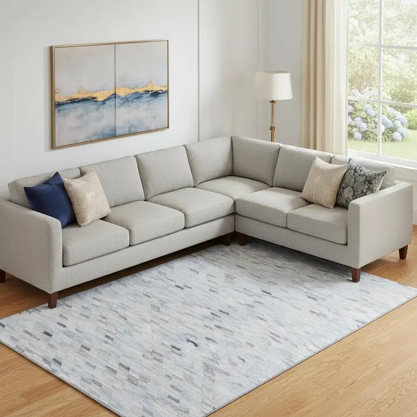 Blue Gray And Ivory Geometric Washable Area Rug With UV Protection Photo 2