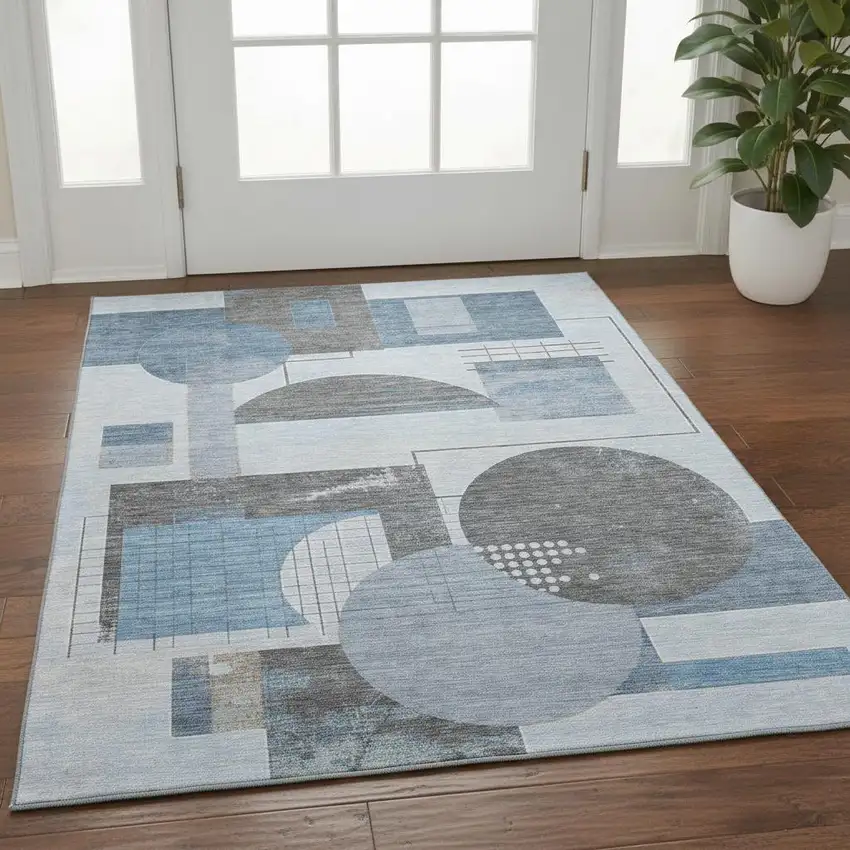 Blue Gray And Ivory Geometric Washable Area Rug With UV Protection Photo 2