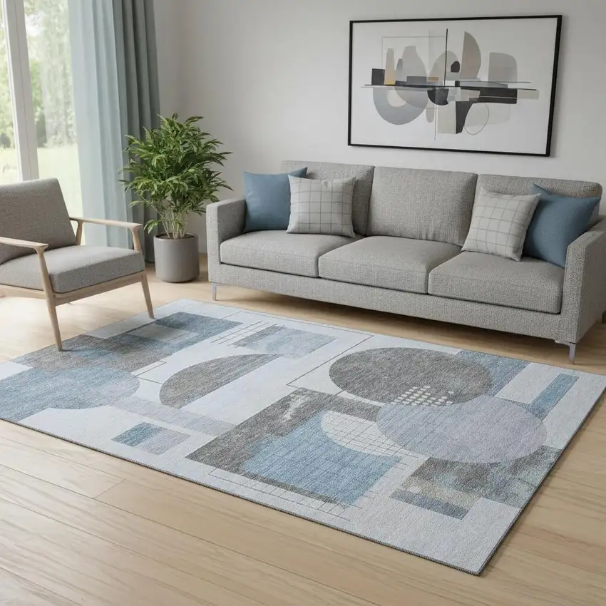Blue Gray And Ivory Geometric Washable Area Rug With UV Protection Photo 2