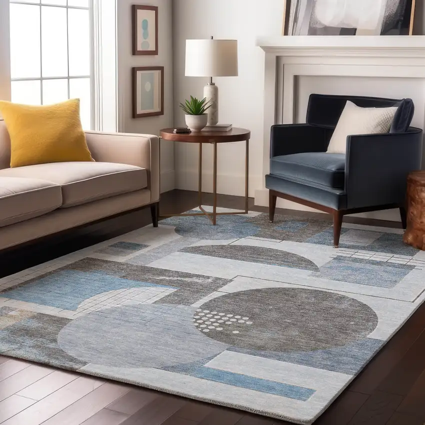 Blue Gray And Ivory Geometric Washable Area Rug With UV Protection Photo 5
