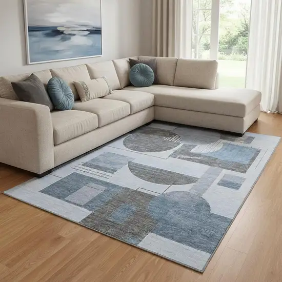 Blue Gray And Ivory Geometric Washable Area Rug With UV Protection Photo 2