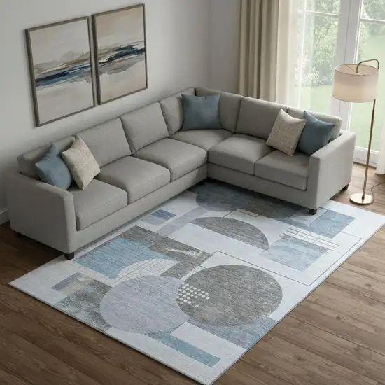 Blue Gray And Ivory Geometric Washable Area Rug With UV Protection Photo 2