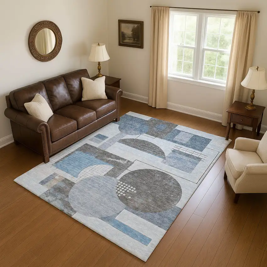 Blue Gray And Ivory Geometric Washable Area Rug With UV Protection Photo 4