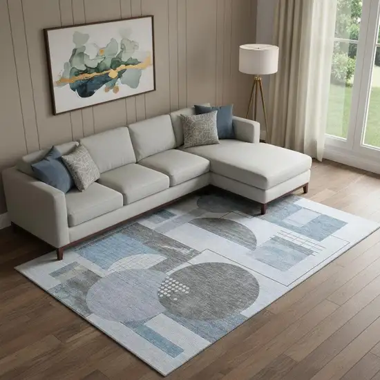 Blue Gray And Ivory Geometric Washable Area Rug With UV Protection Photo 2