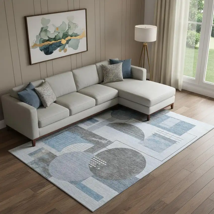 Blue Gray And Ivory Geometric Washable Area Rug With UV Protection Photo 2