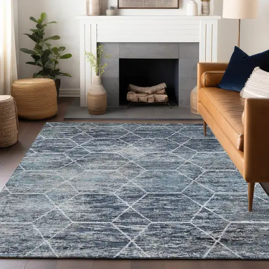 Blue Gray And Ivory Geometric Washable Indoor Outdoor Area Rug Photo 5