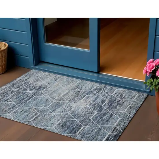 Blue Gray And Ivory Geometric Washable Indoor Outdoor Area Rug Photo 2