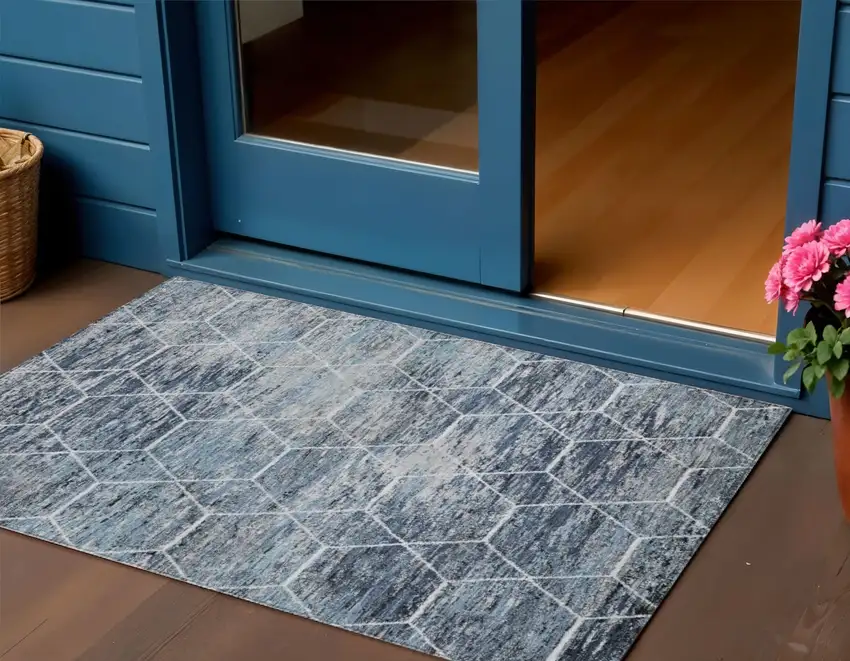 Blue Gray And Ivory Geometric Washable Indoor Outdoor Area Rug Photo 2