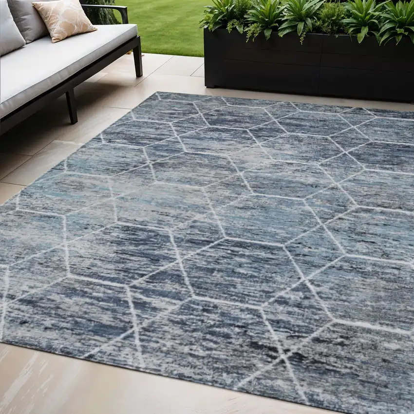 Blue Gray And Ivory Geometric Washable Indoor Outdoor Area Rug Photo 2