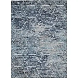 Photo of Blue Gray And Ivory Geometric Washable Indoor Outdoor Area Rug