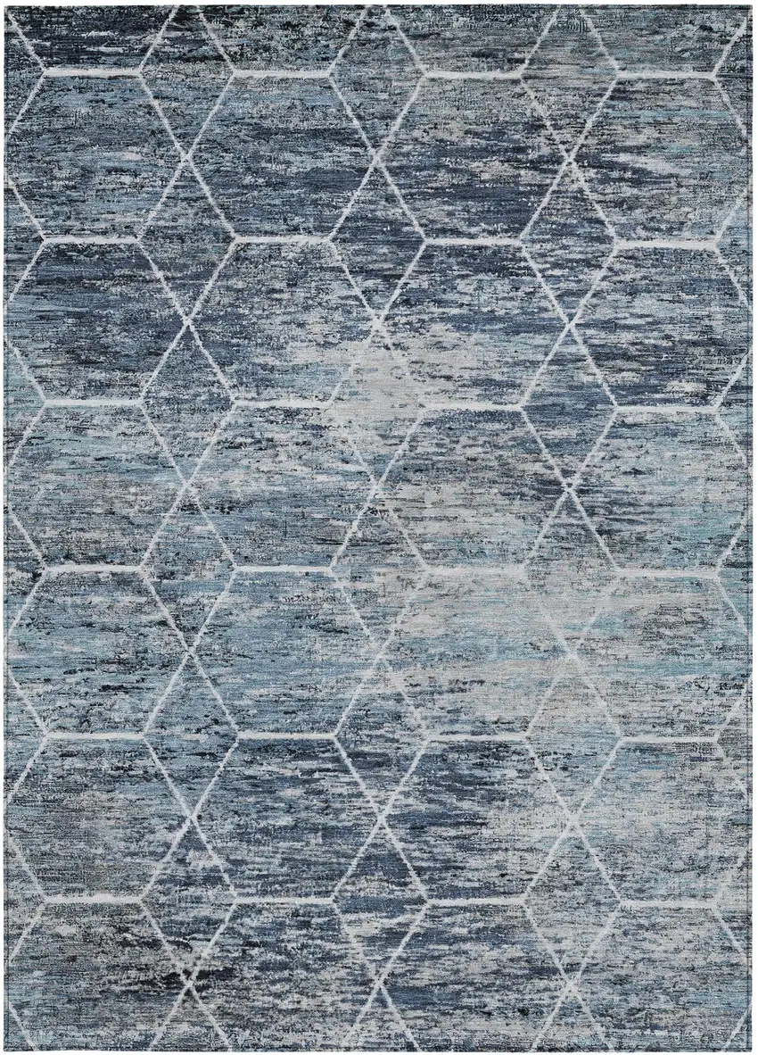 Blue Gray And Ivory Geometric Washable Indoor Outdoor Area Rug Photo 1