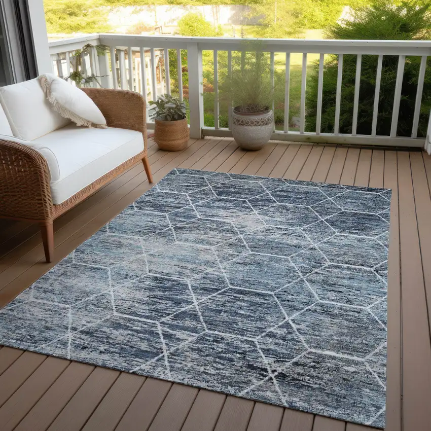 Blue Gray And Ivory Geometric Washable Indoor Outdoor Area Rug Photo 5