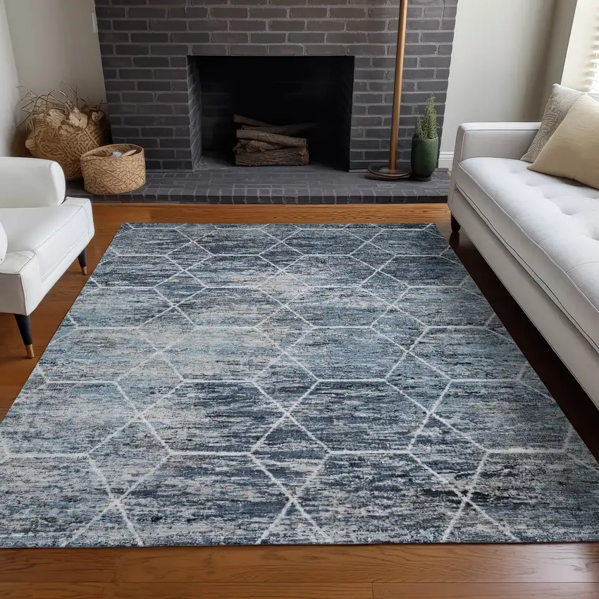 Blue Gray And Ivory Geometric Washable Indoor Outdoor Area Rug Photo 7