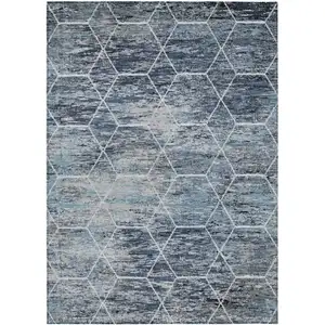 Photo of Blue Gray And Ivory Geometric Washable Indoor Outdoor Area Rug
