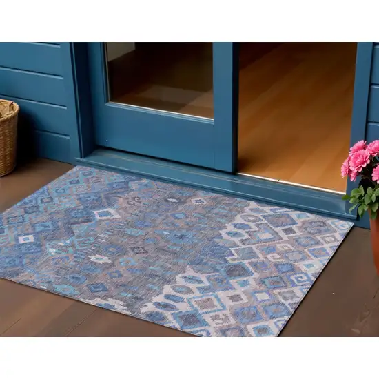 Blue Gray And Ivory Geometric Washable Indoor Outdoor Area Rug Photo 1