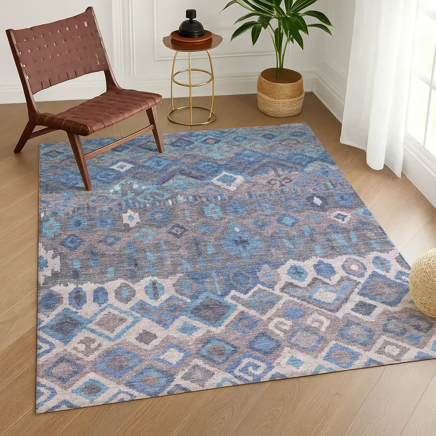 Blue Gray And Ivory Geometric Washable Indoor Outdoor Area Rug Photo 8