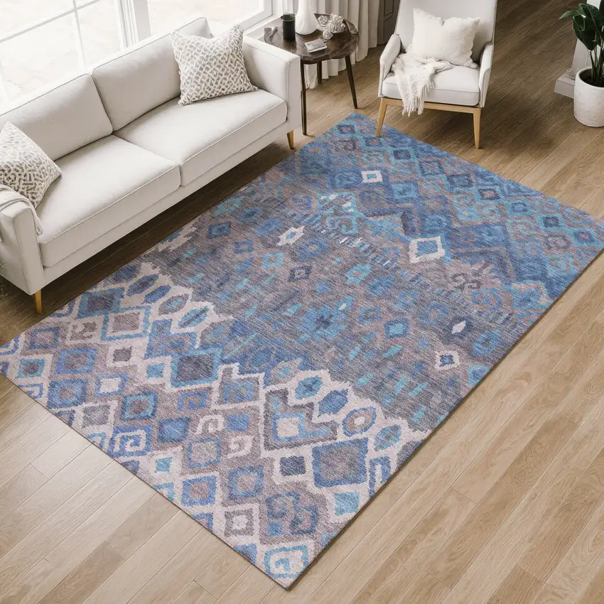 Blue Gray And Ivory Geometric Washable Indoor Outdoor Area Rug Photo 7
