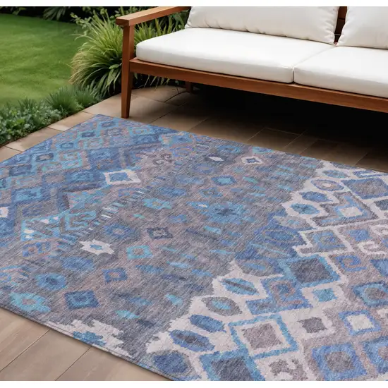 Blue Gray And Ivory Geometric Washable Indoor Outdoor Area Rug Photo 1