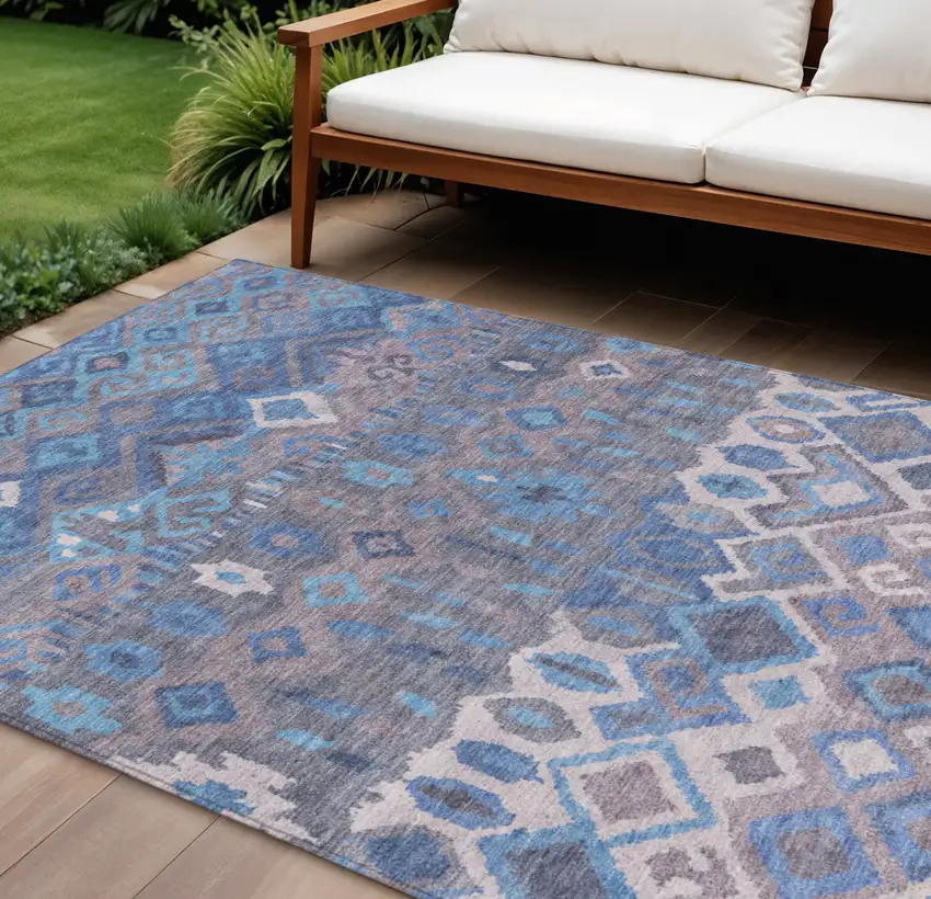 Blue Gray And Ivory Geometric Washable Indoor Outdoor Area Rug Photo 1