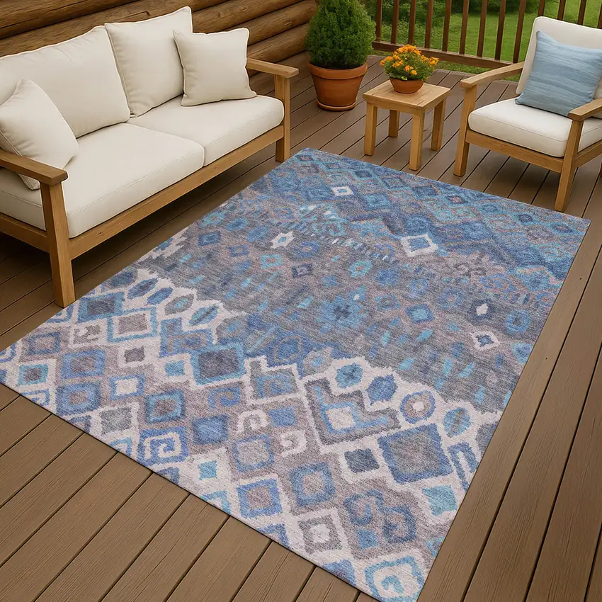 Blue Gray And Ivory Geometric Washable Indoor Outdoor Area Rug Photo 9