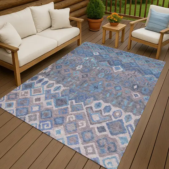 Blue Gray And Ivory Geometric Washable Indoor Outdoor Area Rug Photo 9